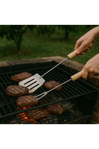 3'lü Set Ahşap Saplı Mangal Aksesuar Seti Maşa Spatula Çatal Krom