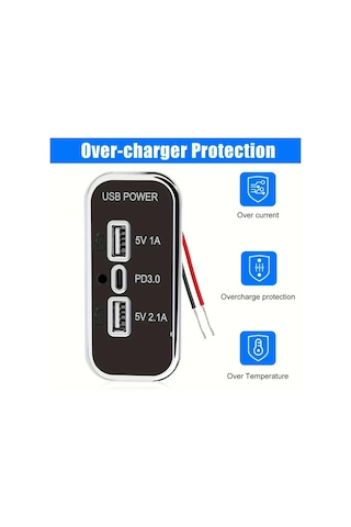 Honeybeeshop Siyah Çift Usb 3.1a Ve Type C Portları 12v Şarj Adaptörü Pd3.0 Qc3.0 Hızlı Şarj 3 Portlu Abs Araba Deniz Kamyon Golf Rv Dıy Kiti