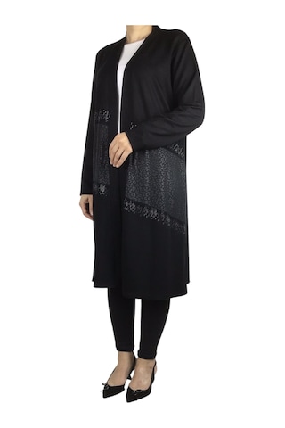 Kadın Önü Desenli Derili Bedenli Kristal Penye Hırka Nergis Hırka Siyah