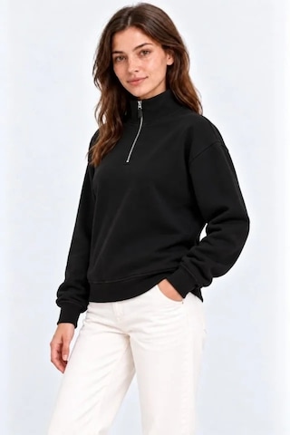DefyModa Üç İplik İçi Şardonlu Dik Yaka Yarım Fermuarlı Kışlık Sweatshirt - Siyah