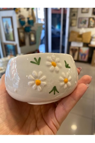 Seramik El Yapımı Fincan Takımı 2'li Set Üçlü Papatya Desenli Beyaz - Sarı