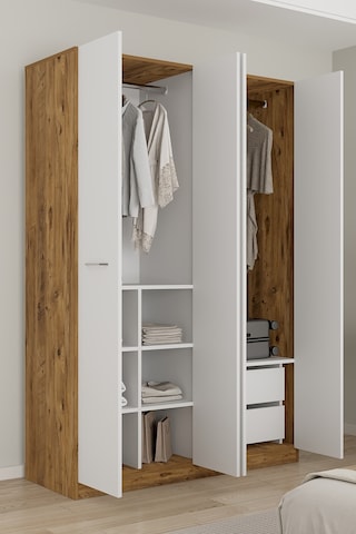 Aeka Ae-3191 Burç Aynalı 4 Kapaklı Çok Bölmeli Askılı Raflı Ve Çekmeceli 210x140x53cm Gardırop Çam - Beyaz