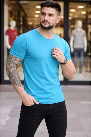 Butik İstanbul Erkek T-shirt Bisiklet Yaka Slim Fit Dar Kesim Likralı Tişört Günlük Basic Body - Açık Mavi