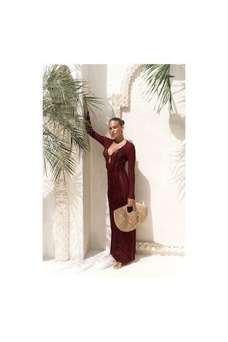 Anandra Boncuk Detay Bordo Triko Uzun Elbise Bordo