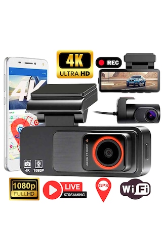 170 Ultra Geniş Açı 4k Uhd Wi-fi Ön Ve Arka Araç Kamerası G-sensörlü Gece Görüşlü Dikiz Aynası Kamera Park Modu, Gps Destekli 2025 + Hafıza Kartı Hediyeli