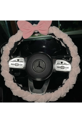 Pembe Peluş Direksiyon Kılıfı Kadınlara Özel Tüylü Direksiyon Kılıfı