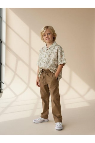 Zekids Erkek Çocuk Beli Lastikli Bağcıklı Pantolon-16956 Kahverengi