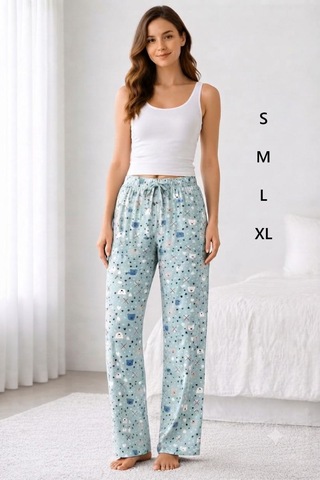 Viskon Pamuklu Kadın Deniz Mavisi Desenli Pijama Pantolon - Mg012 - Mudanis