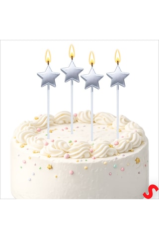Çubuklu Metalik Gümüş Yıldız Mum - 14 Cm X 4 Adet