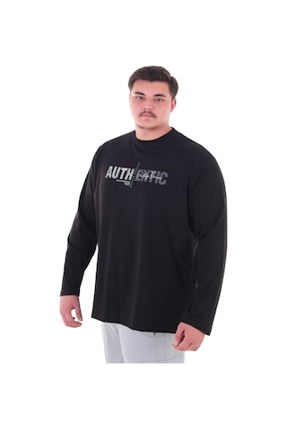 Erkek 115-155 Kilo Arası İçin Uygun Uzun Kol Bisiklet Yaka Mevsimlik Baskılı İnce Sweatshirt Siyah