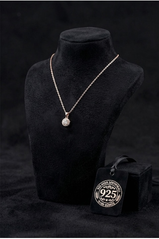 925 Ayar Zirkon Taşlı Rose Minimal Yuvarlak Anturaj Gümüş Kolye Gümüş - Rodyum