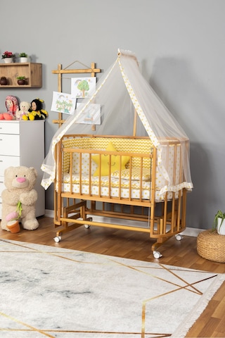 Ahşap Beşik Anne Yanı Beşik Doğal Vernikli 60x120 Sarı Yıldız Uyku Seti Yatak Tekerlekli Ahşap