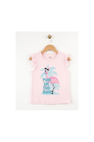 Fuar Baby Kız Çocuk %100 Pamuklu Bisiklet Yaka Fırfır Kollu Tişört 2-6 Yaş Pembe Flamingo Desenli