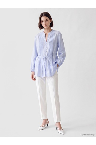 Lcw Modest Mavi Pileli Kuşaklı Oversize Kadın Gömlek Tunik