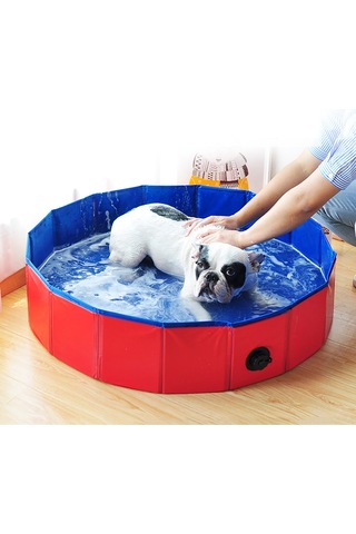 Vkemall Küçük Evcil Hayvanlar İçin Çekirdekli Katlanabilir Banyo Havuzu - 60cm Çap X 20cm Yükseklik, Pvc Malzeme, Su Çıkarma Kanalı, Kırmızı-mavi Renk