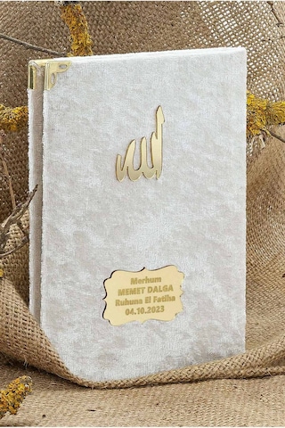 25 Adet - İsme Özel Kadife Kaplı Yasin Kitabı - Mevlüt Hediyesi - Çanta Boy - 128 Sayfa - Beyaz Beyaz
