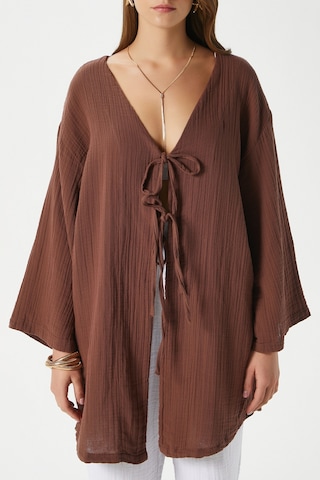 Ritnice Kadın Sandra %100 Pamuk Müslin Bağcıklı Kahvrengi Kimono