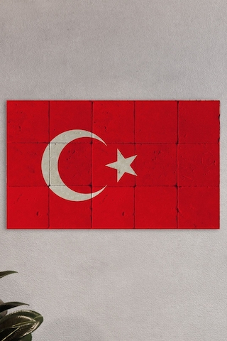 Doğal Taş Türk Bayrağı Tablo - Duvar Dekoru, Ofis Tablosu, Salon Tablosu 50x30cm Ay Yıldız Tablo