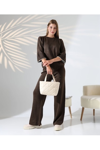 İnci Volanlı Kol Detaylı Triko Takım Kahverengi