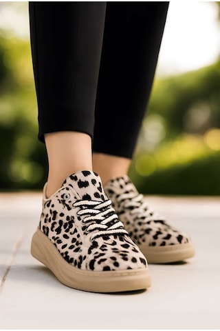 Günlük Kadın Sneaker Leopar Desenli Bağcıklı Oval Burun Yüksek Kalın Topuklu Spor Ayakkabı 313 Açık Leopar