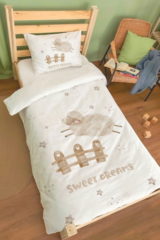 Organik Tek Kişilik Nevresim Takımı 160x220 - Mışıl Mışıl Kuzucuk Renkli