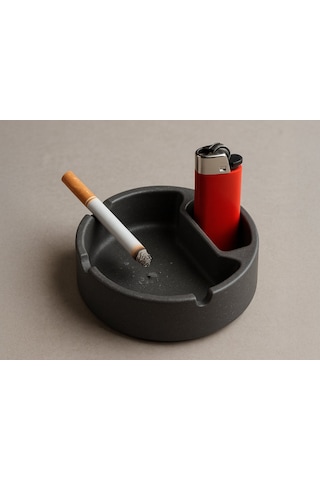 Çakmak Bölmeli Modern Tasarım Küllük - Mat Siyah Dekoratif Kül Tablası Ve Masa Üstü Organizer