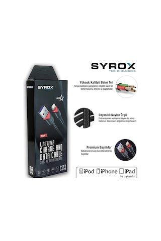 Syrox C93 Örgü Lightning 2 Amper Hızlı Şarj Ve Data Kablo - 1 Mt