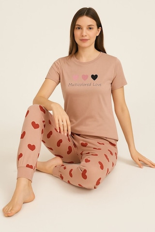 Fames Pijama Yazlik Kisa Kol Kalp Desen Pijama Takim Bej