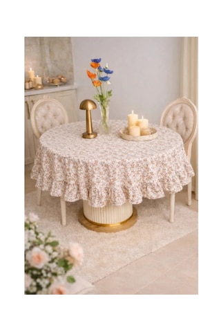 Fırfırlı Yuvarlak Masa Örtüsü Vintage 130 X 130 Cm Bej