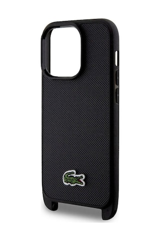 Apple Uyumlu iPhone 14 Pro Max Kılıf LacosteLisanslı Pu Pike Desen Askılı İkonik Timsah Logolu Siyah