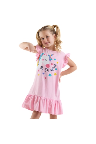 Denokids Unicorn Magic Kız Çocuk Pembe Elbise Renkli Çok Renkli