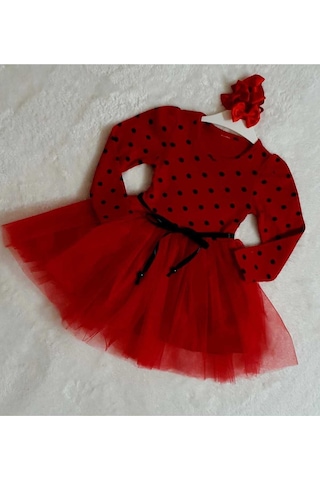 Kız Çocuk Kırmızı Uzun Kol Puantiyeli Doğum Günü Özel Gün Yılbaşı Hediye Abiye Günlük Prenses Elbise Kırmızı