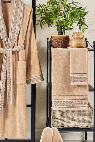 Vevien Ansaaj Jakarlı 4 Parça Bornoz Seti Bej