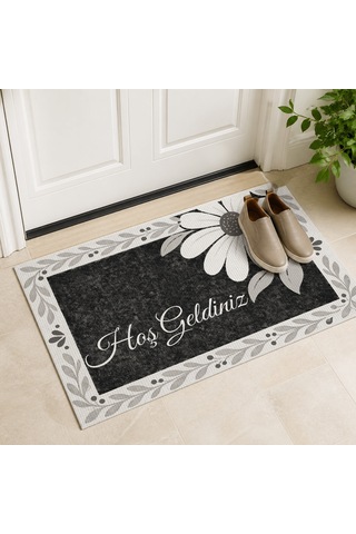 Kartela Halı Hoş Geldiniz Yazılı Papatyalı Kapı Paspası Siyah Beyaz Kaymaz Kauçuk Taban 40x60 Cm