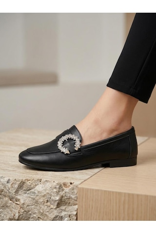 Venüs 26484214 Kadın Taş Toka İnce Taban Loafer Ayakkabı Siyah