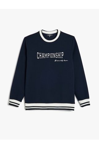 Koton Bisiklet Yaka Pamuk Karışımlı Şerit Detaylı Slogan Baskılı Sweatshirt Lacivert 5sam70039mk Lacivert