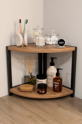İki Raflı Banyo Köşe Oval Düzenleyici Organizer Raf Metal Gövdeli Çok Amaçlı Banyo Standı Atlantik Çam