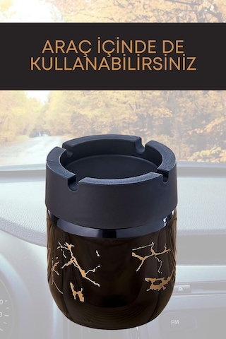 Grimorlife 1 Adet Siyah Bronz Gold Mermer Desenli Dekoratif Cam Kokusuz Küllük Kül Tablası 425cc
