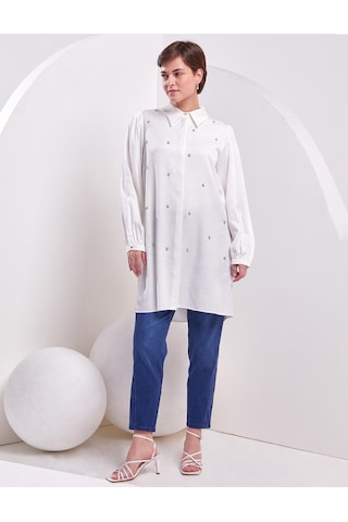 İnci İşlemeli Jakarlı Tunik-ekru Ekru