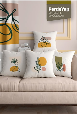 Soyut Çiçekler Desenli 4lü Dijital Baskılı Kırlent Kılıfı 43 X 43 Cm Krem-hardal 053 Hardal-yeşil