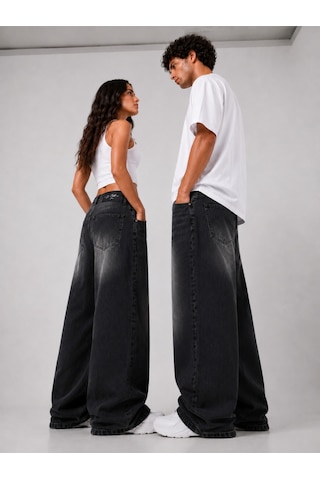 St.poll Vintage Siyah Yıkamalı Unisex Baggy Jean