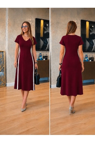 Alyn Wear Kadın Kısa Kollu V Yakalı Yanları Şerit Detaylı Viskon Iki Iplik Midi Elbise Bordo