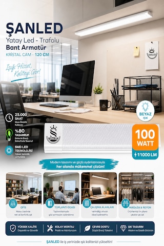 100wat 120 Cm Kristal Yatay Led Bant Armatür-trafolu Beyaz Işık -100 Adettir