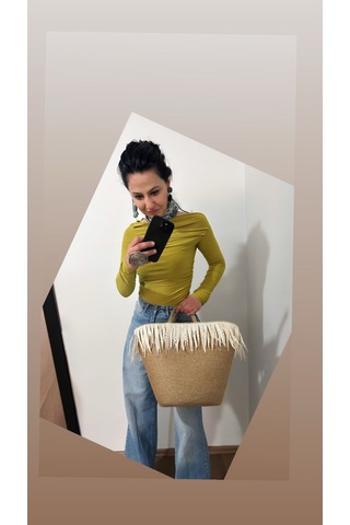 Hasır Çanta, Plaj Çantası, Tasarım Çanta, Ekru Kalın Püsküllü El Çantası Kahverengi - Açık Bej