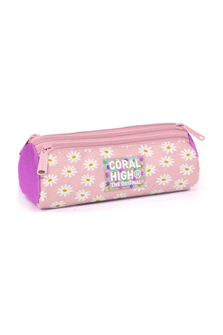 Coral High Kız Çocuk Pembe Beyaz Papatya Desenli Üç Gözlü Okul Kalem Çantası 31024