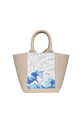 Dogo Kadın Vegan Deri Krem Tote Bag - Japanese Waves Tasarım Bej