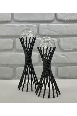 Siyah Metal 2'li Set Salon Burgu Kristal Baloncuklu Camlı Dekor 1 Takım