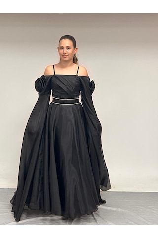 Kız Çocuk Abiye Siyah Uzun Askılı Kolları Çıkabilen Pelerinli Şifon Abiye Elbise 10-15 Yaş Siyah