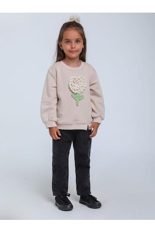 Kız Bebek Örgü Çiçek Detaylı Sweathirt-14304 Bej