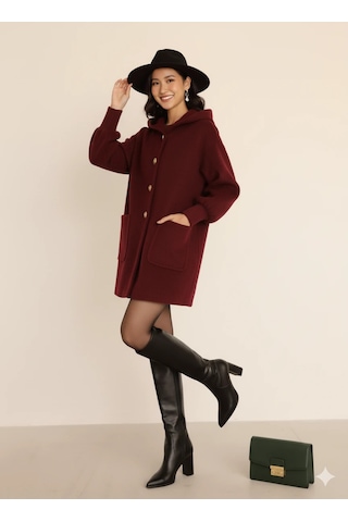 Kadın Oversize Bol Kesim Diz Üstü Siyah Kaban Büyük Cepli Yünlü Kumaş Kapüşon Detaylı Bordo